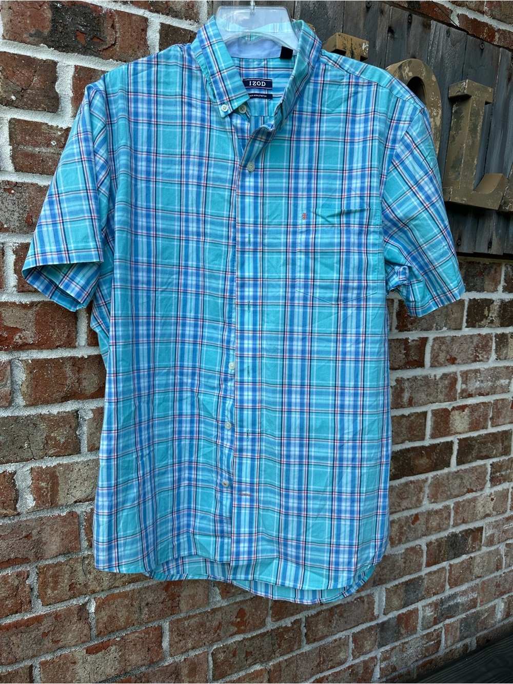 Izod Aqua and Blue Plaid Short-Sleeve Button-Down Shirt